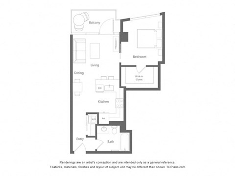 Floor plan for 1 bed, 1 bath, 684 sqft